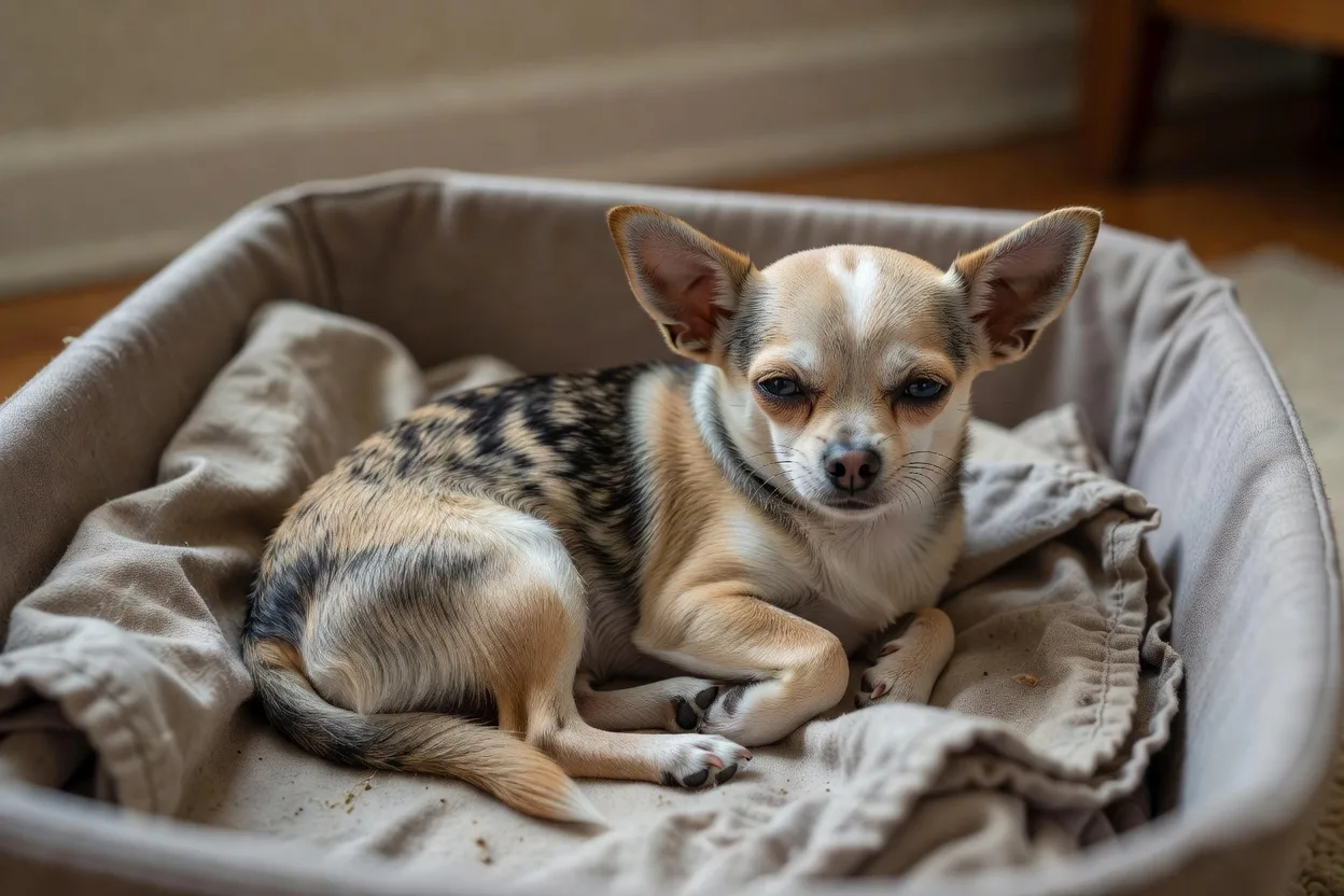 a small Chihuahua resting in a soft-sided crate lined with a folded blanket in a quiet room