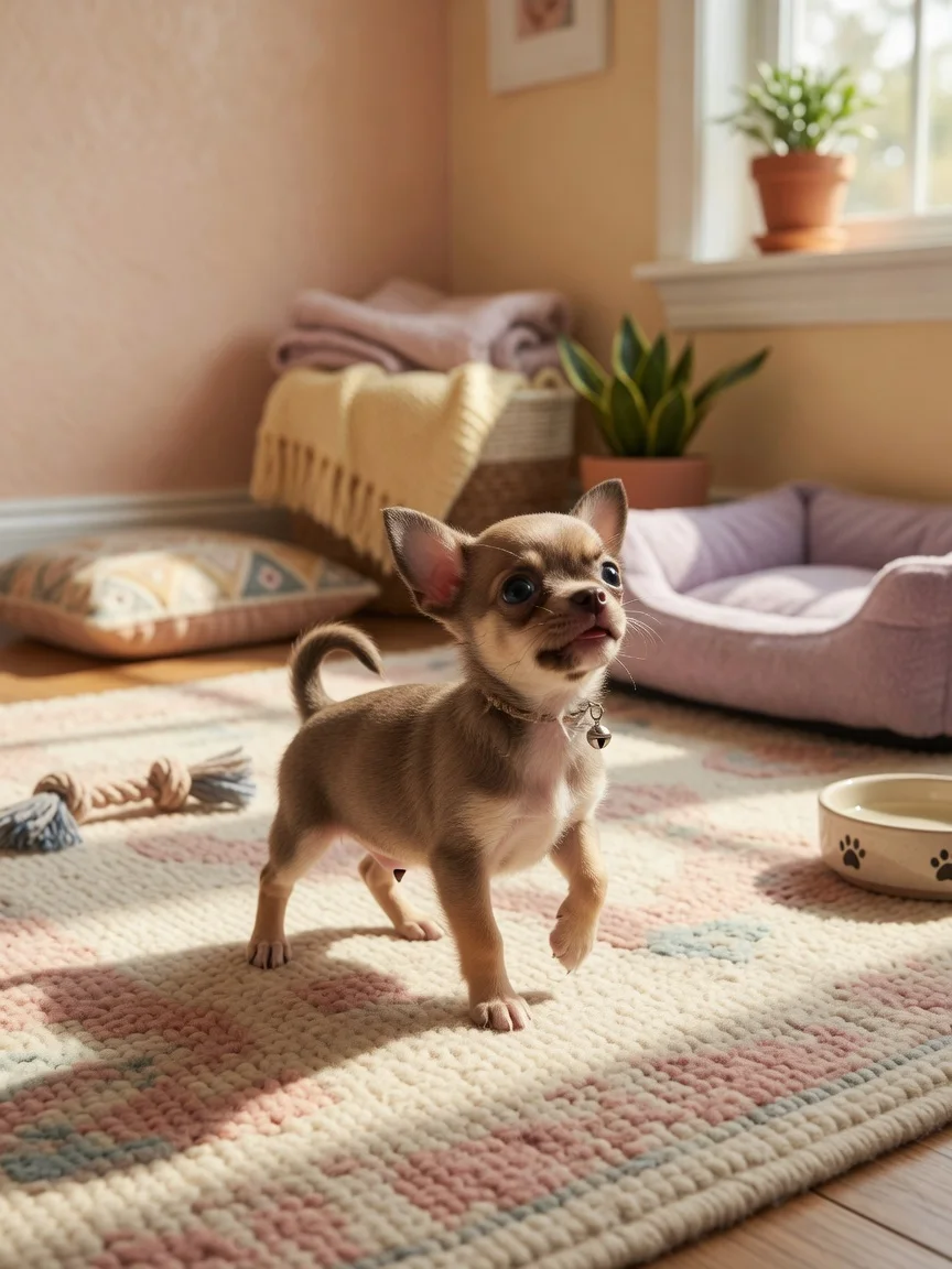 A tiny chihuahua puppy exploring a safe cozy room