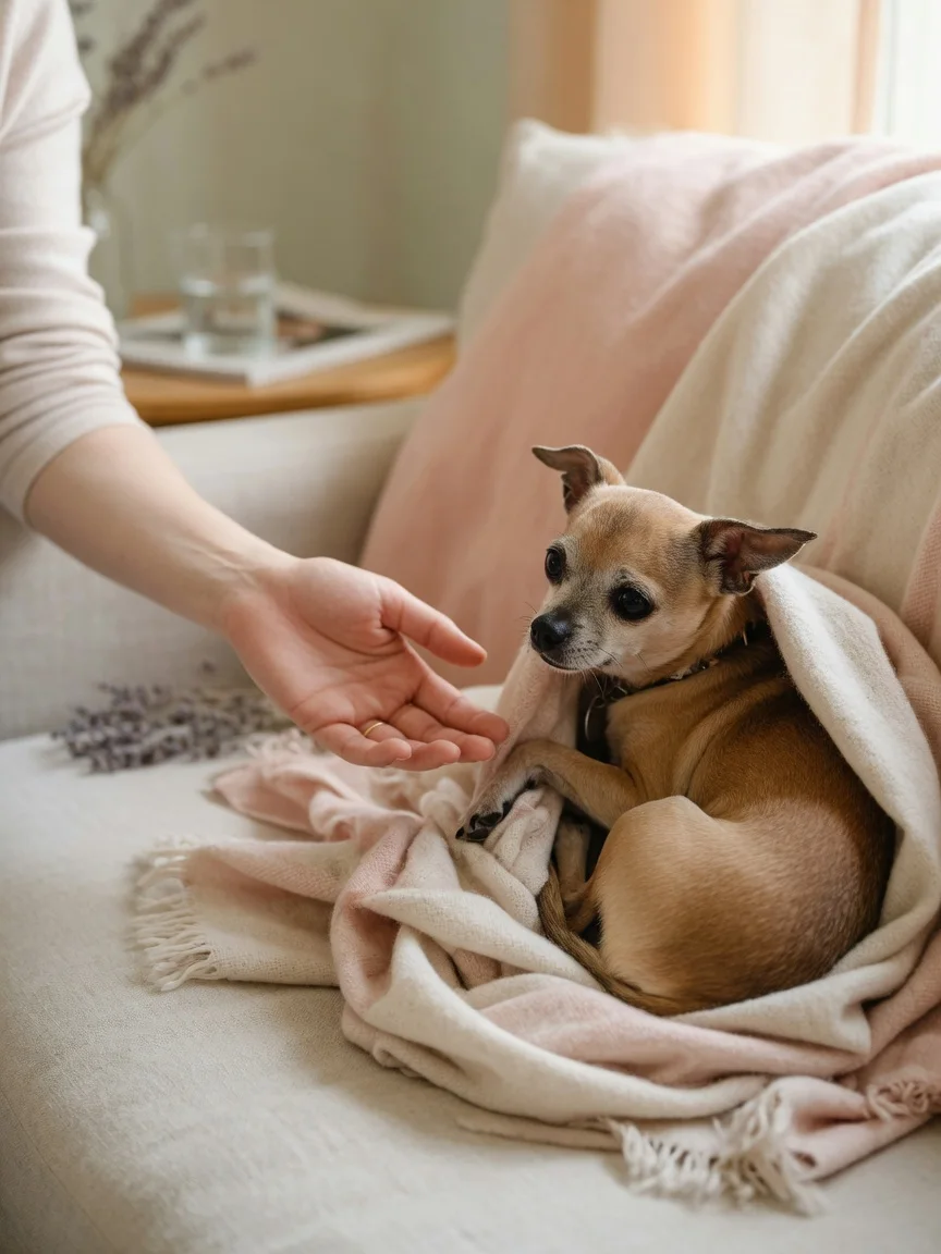 A gentle person offering a hand to a shy small chihuahua in a soft blanket