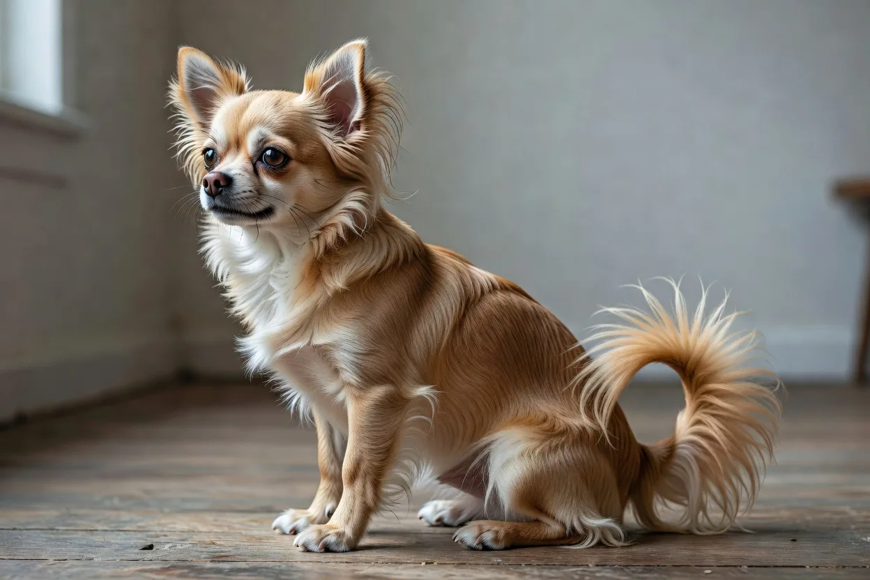 Long-coat chihuahua sitting in profile with fringed ears, a full neck ruff and a plumed tail