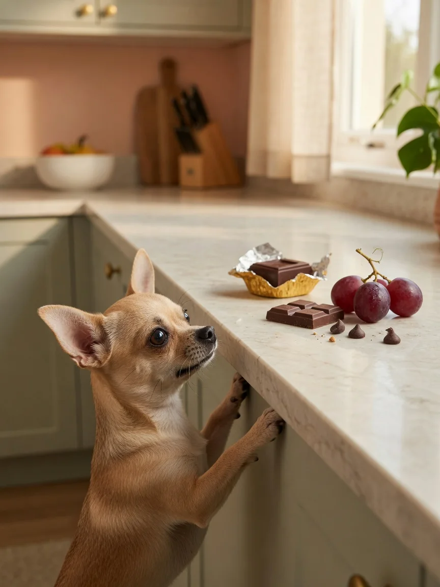 A small tan chihuahua looking at chocolate and grapes safely out of reach on a counter