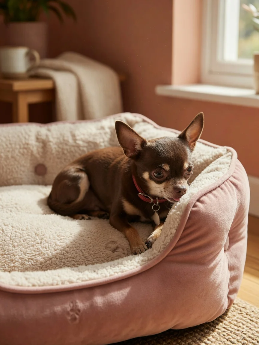 A small chihuahua settling into a new soft bed in a warm home