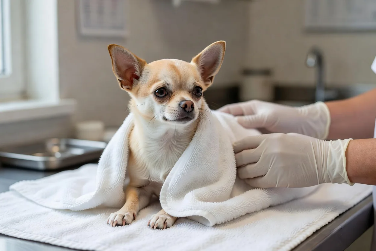a short-haired Chihuahua wrapped in a clean towel on a veterinary examination table, a gloved hand steadying it gently
