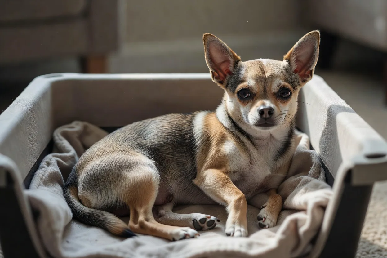 a small Chihuahua resting in a soft-sided crate lined with a folded blanket in a quiet room