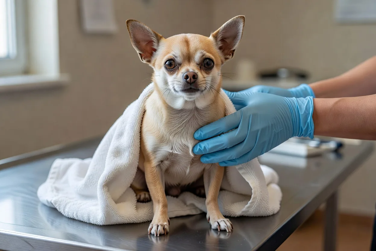 a short-haired Chihuahua wrapped in a clean towel on a veterinary examination table, a gloved hand steadying it gently