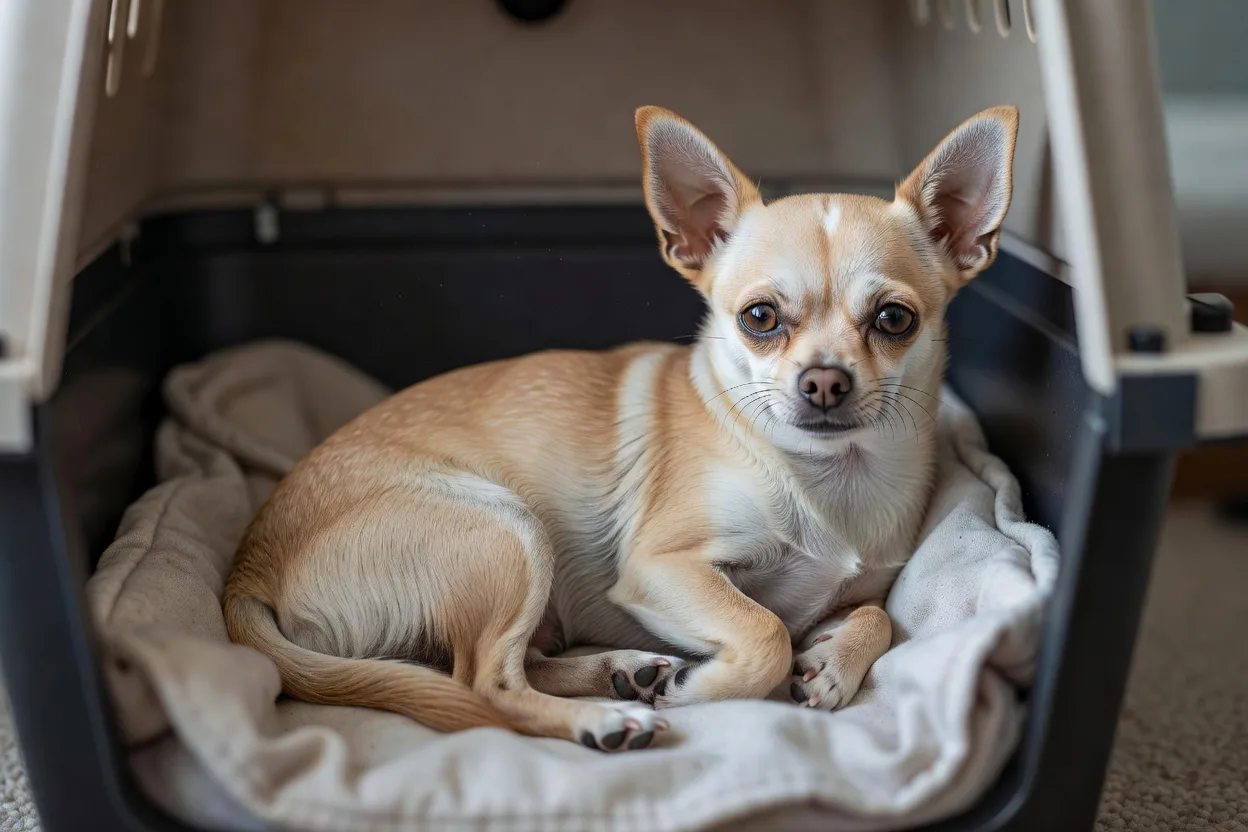 a small Chihuahua resting in a soft-sided crate lined with a folded blanket in a quiet room