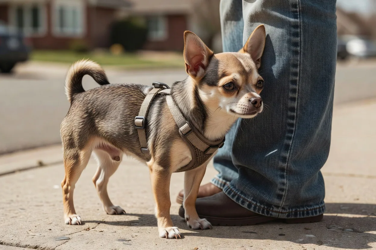 a Chihuahua on a fitted harness standing close to its owner's leg on a suburban pavement in daylight