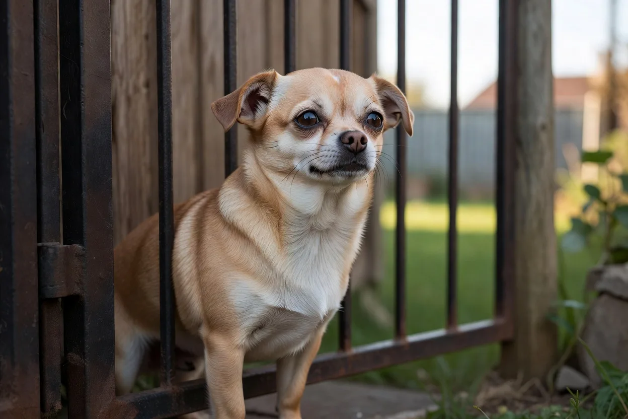 a Chihuahua behind a closed garden gate looking out, secure and calm