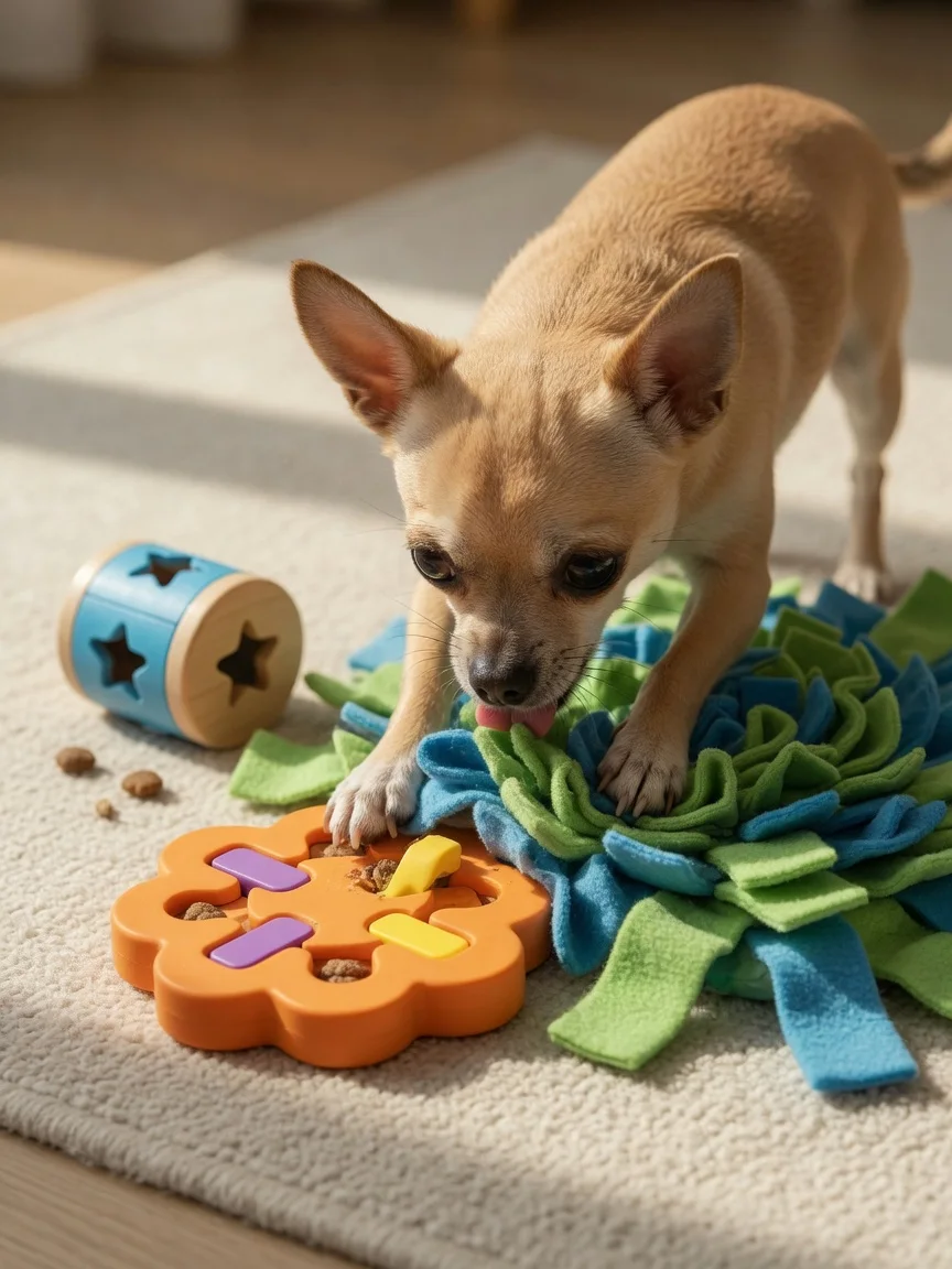 A small tan chihuahua playing with a snuffle mat and puzzle toys