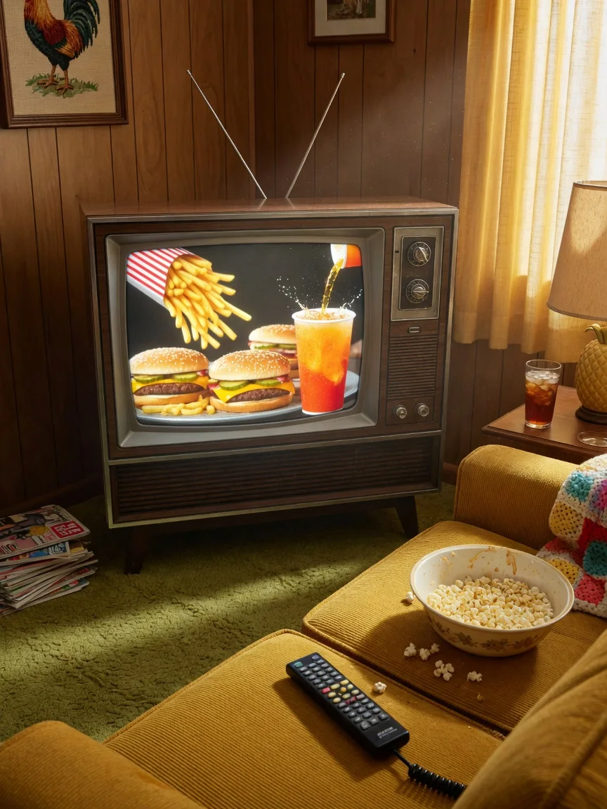 A vintage living room television playing a bright fast food commercial, remote and popcorn bowl on the couch, no people no dogs