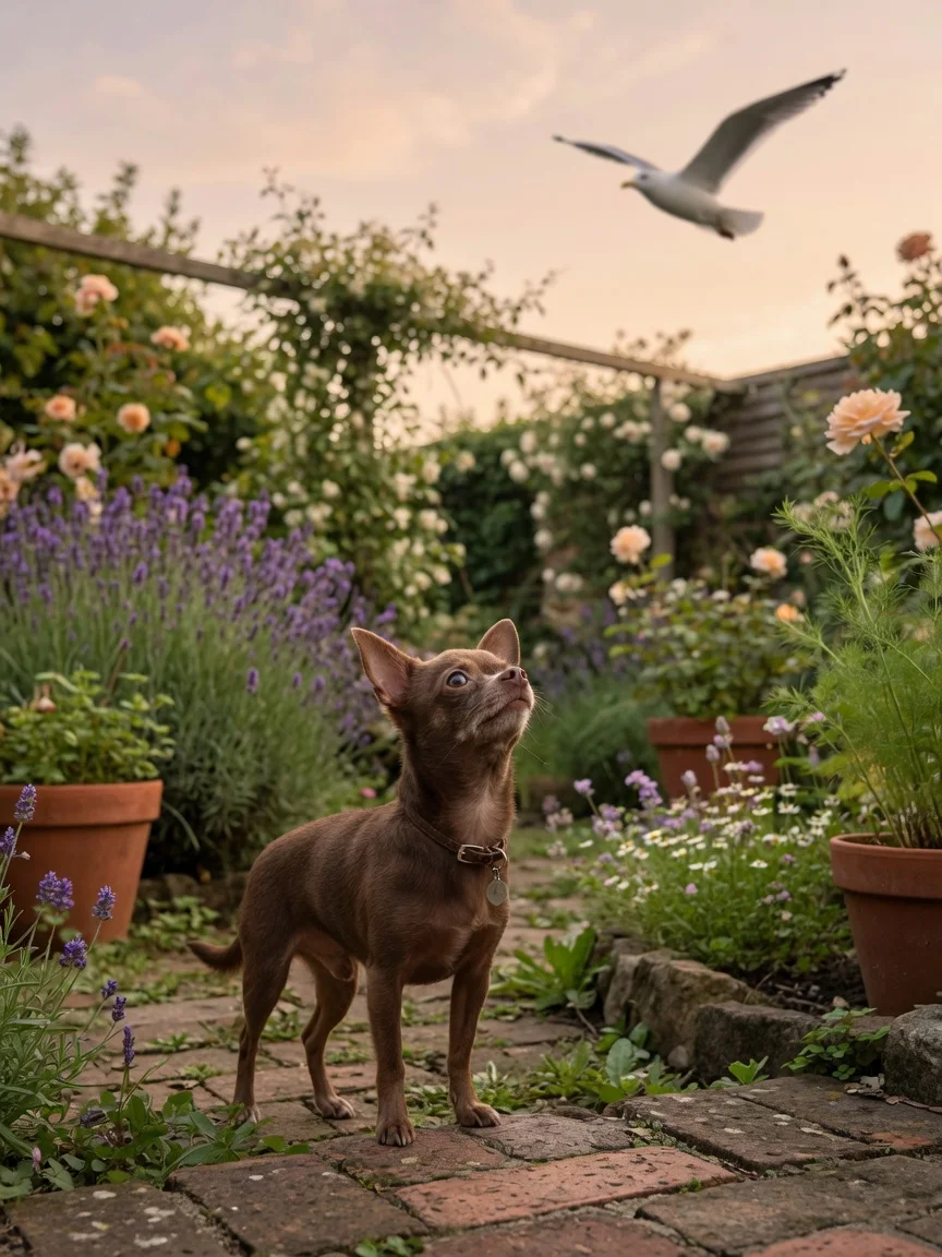 A small chihuahua in a garden looking up at a distant gull