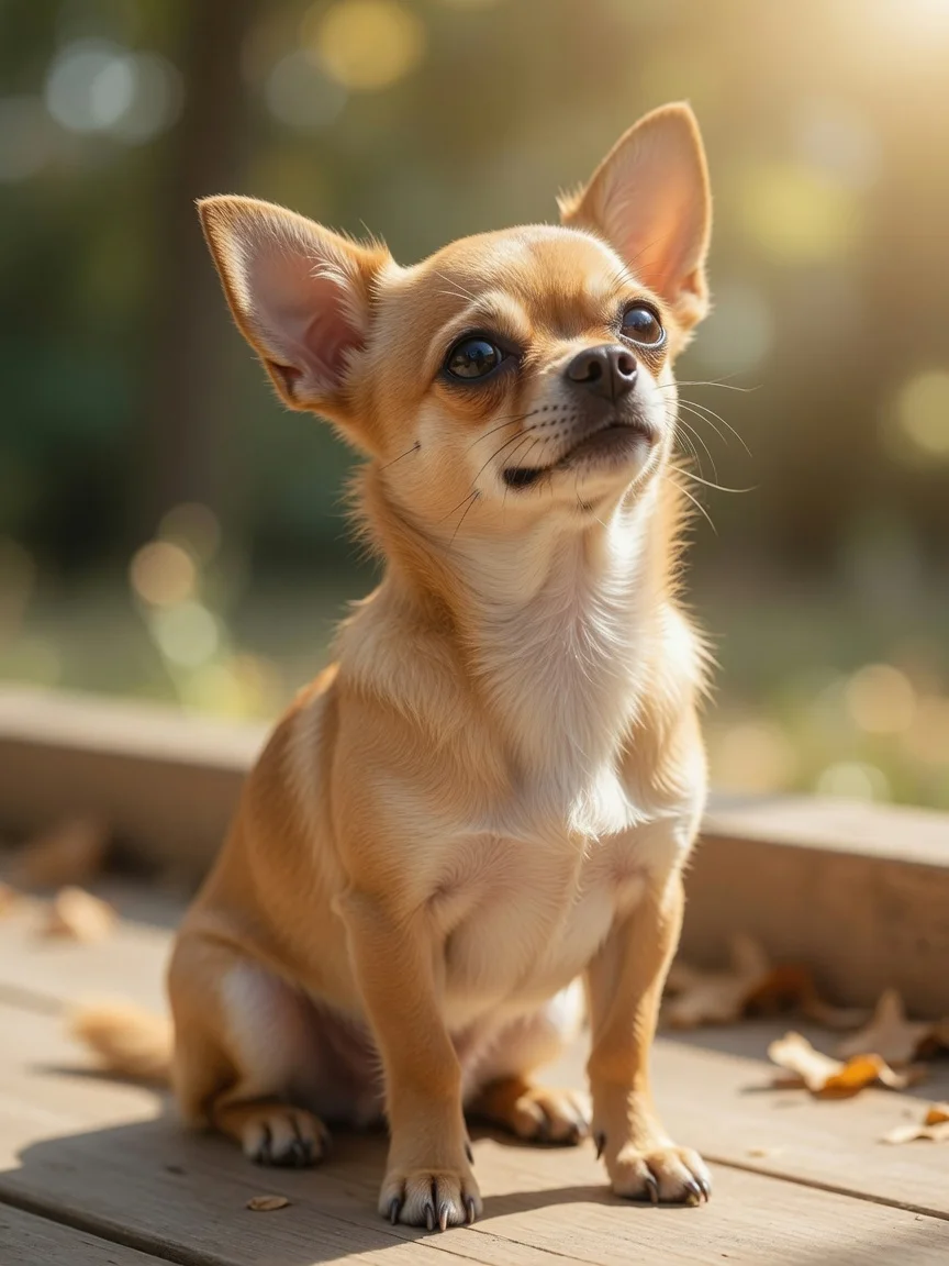 A small golden dog with big ears sitting in sunlight
