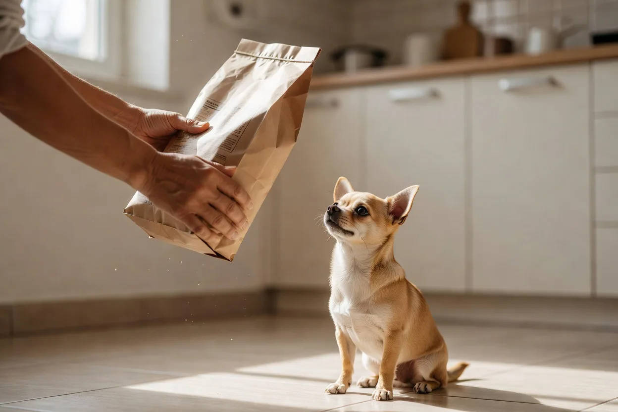 A person holding a plain bag of dry dog food while a fawn chihuahua looks up from the kitchen floor.