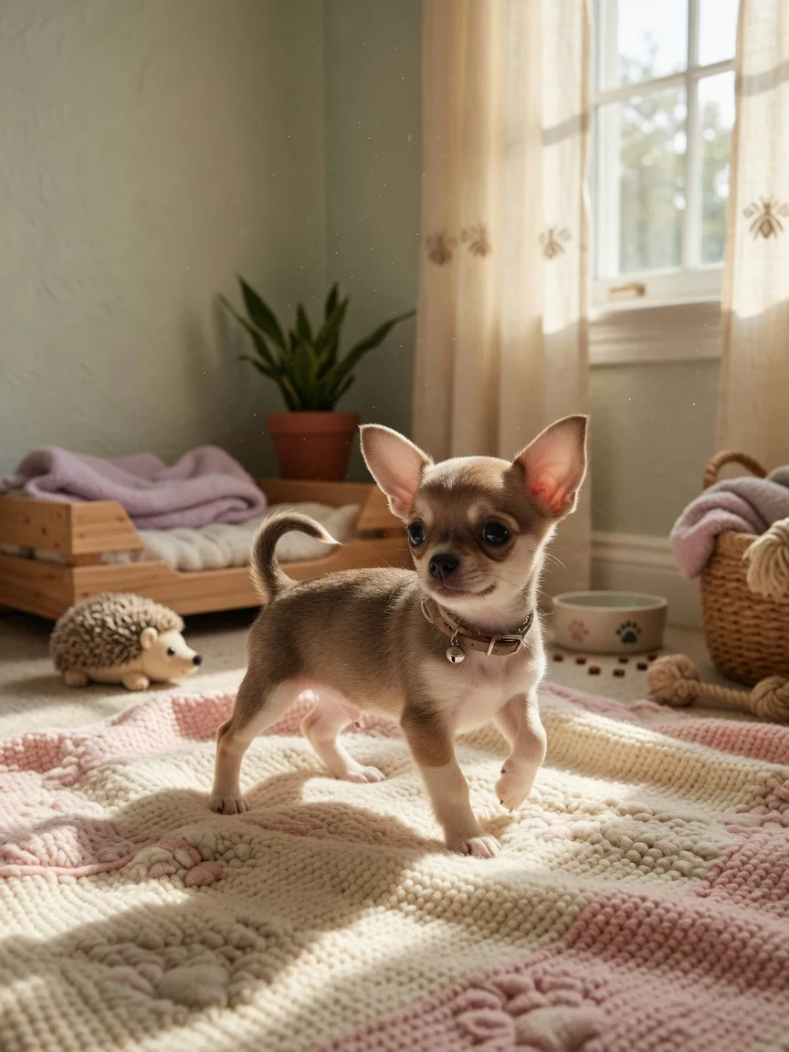 A tiny chihuahua puppy exploring a safe cozy room
