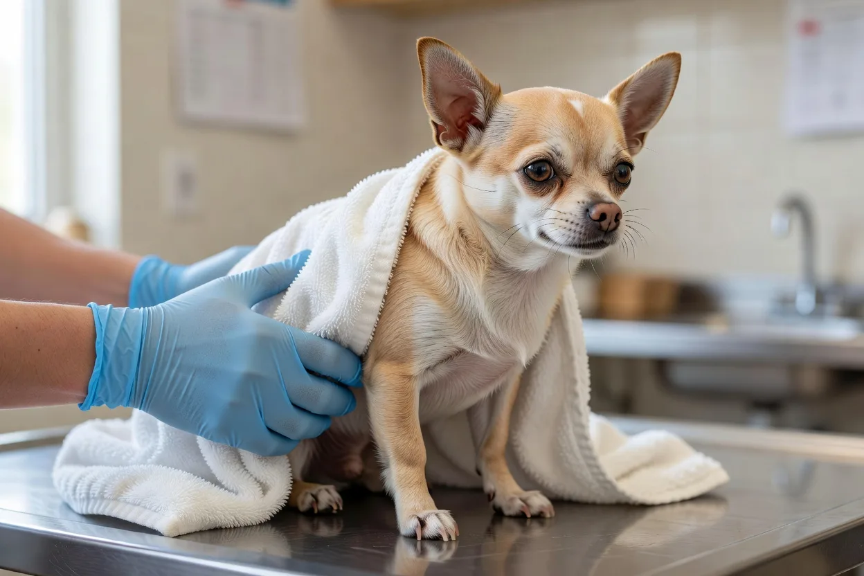 a short-haired Chihuahua wrapped in a clean towel on a veterinary examination table, a gloved hand steadying it gently