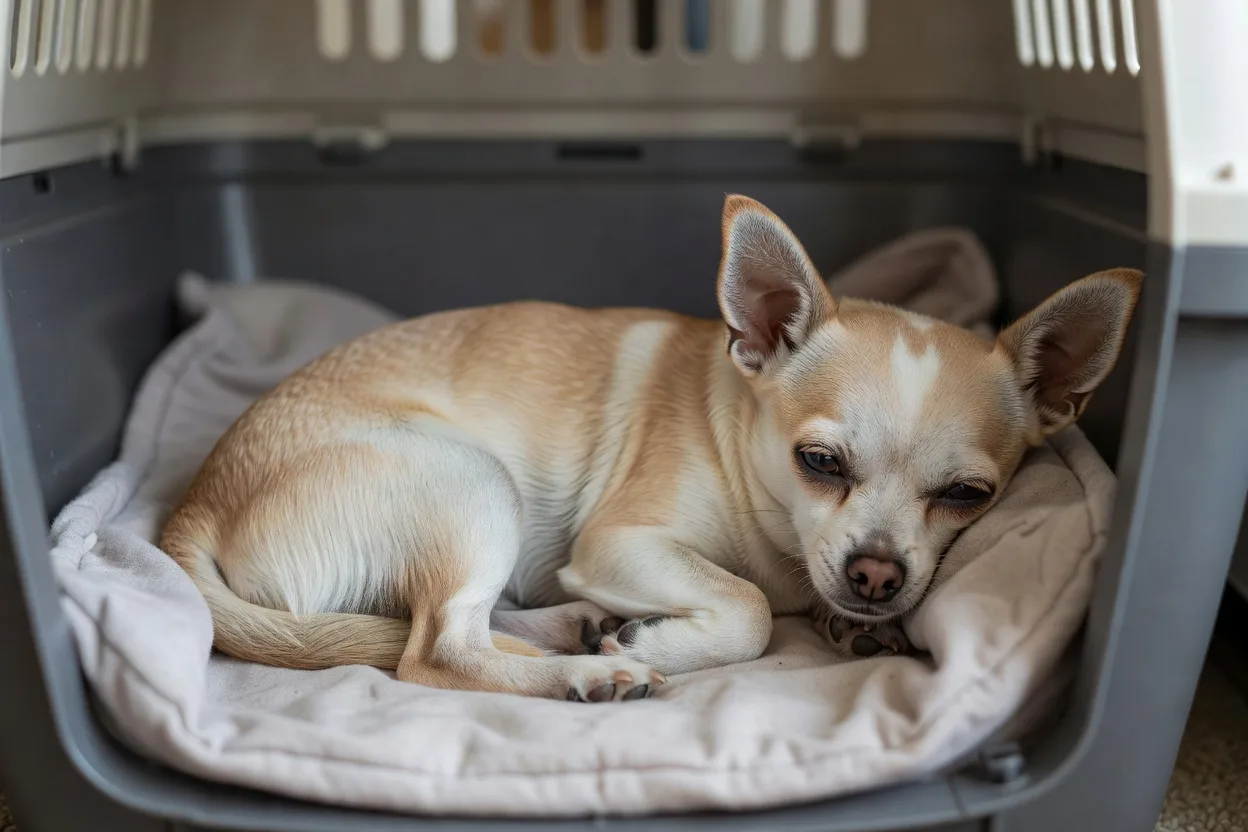a small Chihuahua resting in a soft-sided crate lined with a folded blanket in a quiet room