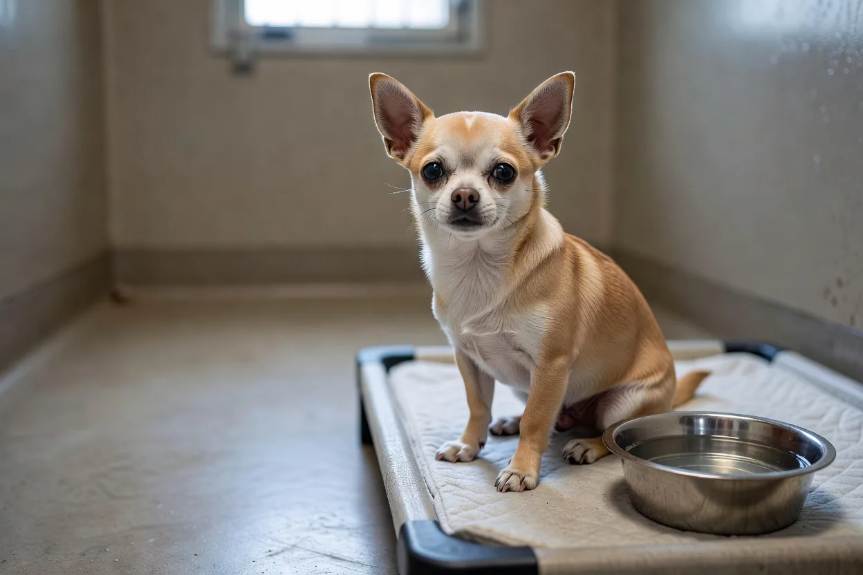 a Chihuahua sitting in a clean shelter kennel with a raised bed and fresh water bowl