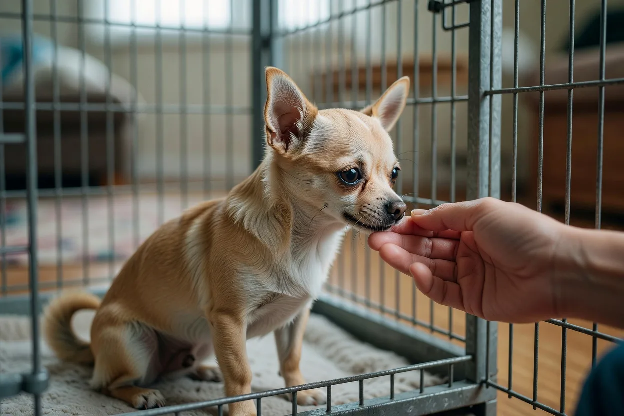 a Chihuahua meeting a person's hand through an open kennel door, relaxed body posture