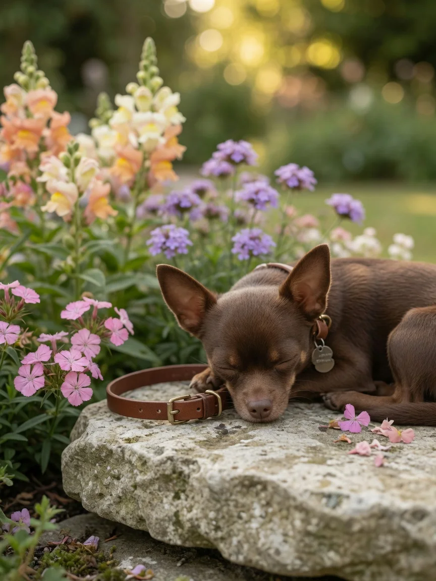 A peaceful garden stone beside flowers and a small collar
