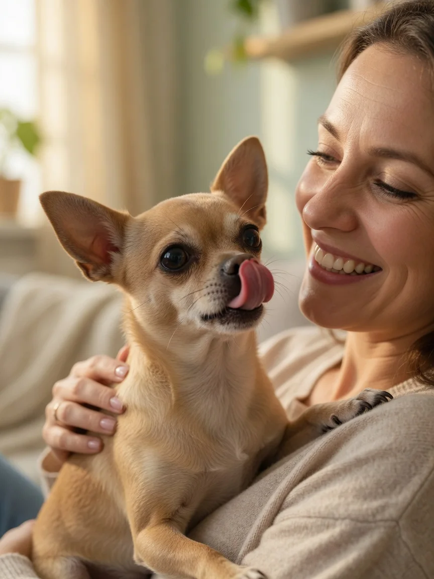 A small tan chihuahua licking the cheek of a smiling owner