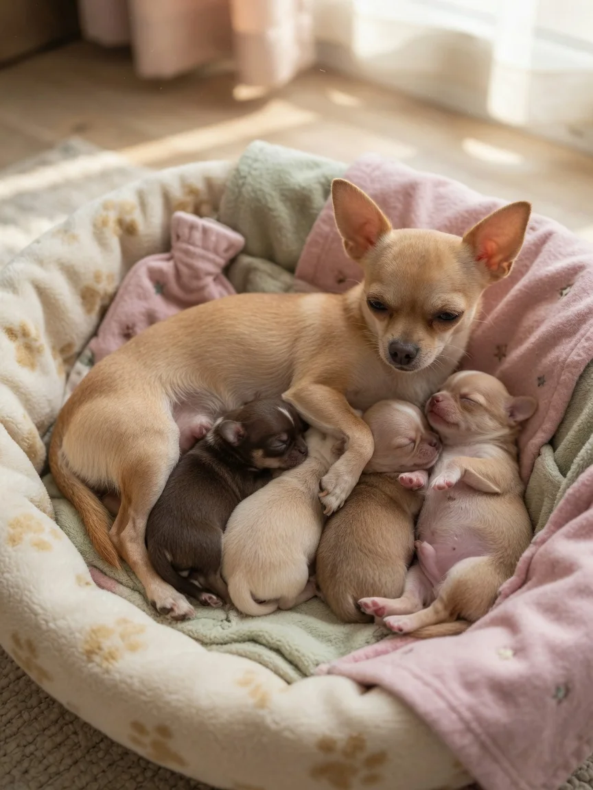 A mother chihuahua with tiny puppies in a whelping bed