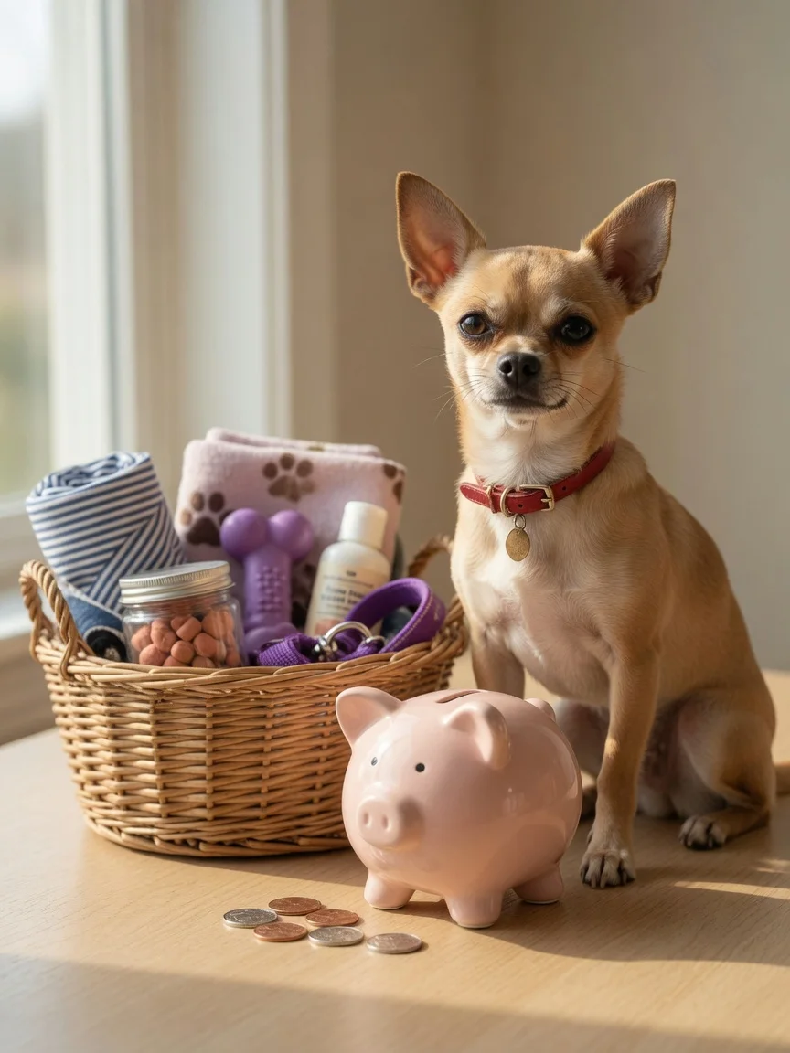 A small tan chihuahua sitting beside a piggy bank and a basket of dog supplies