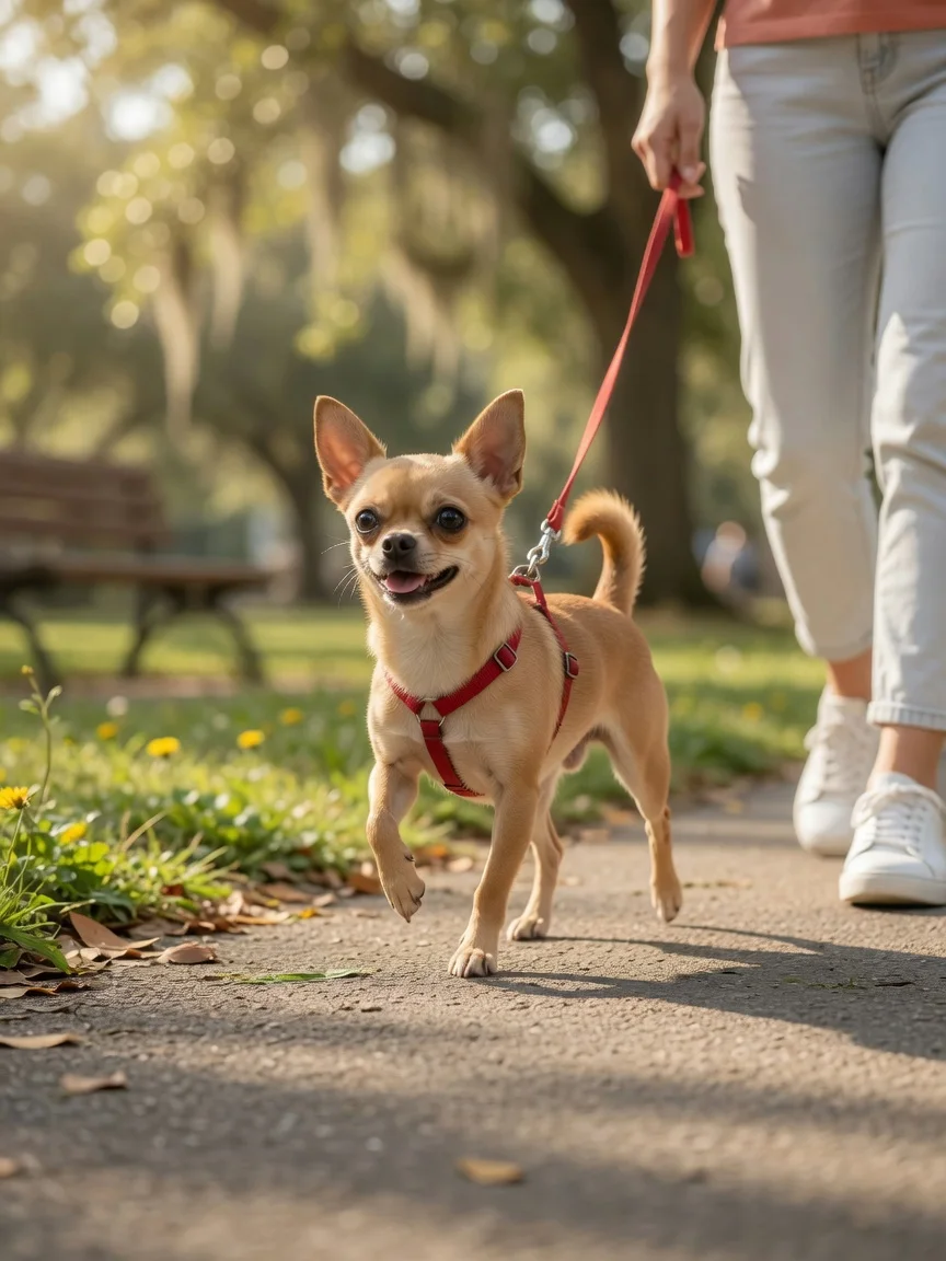 A small tan chihuahua trotting energetically beside a person on a park path