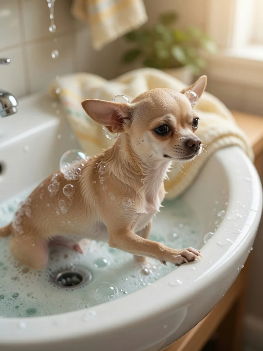 A small tan chihuahua in a sink bath with gentle suds