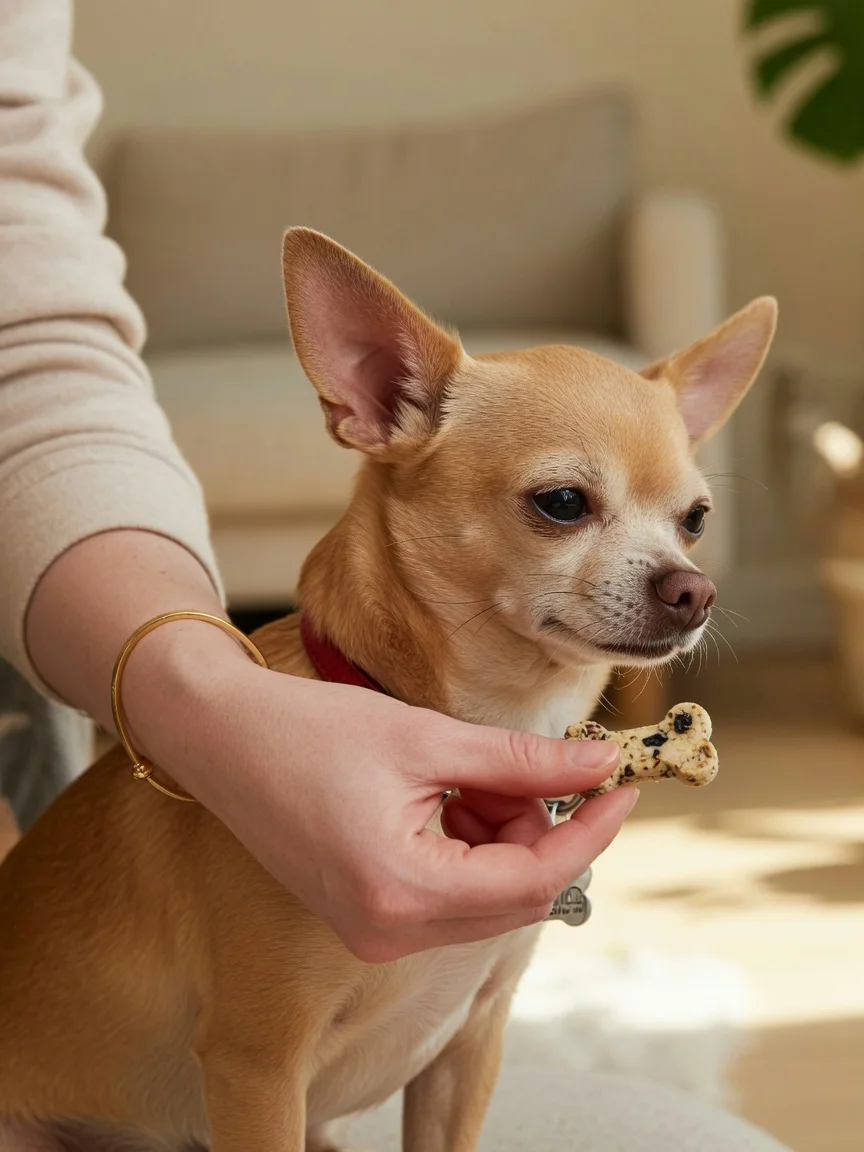 A person offering a treat to a small chihuahua turning its head away