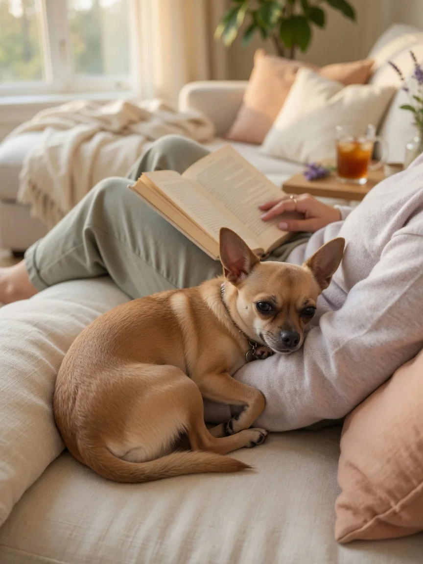 A small tan chihuahua snuggled against its owner reading on a sofa