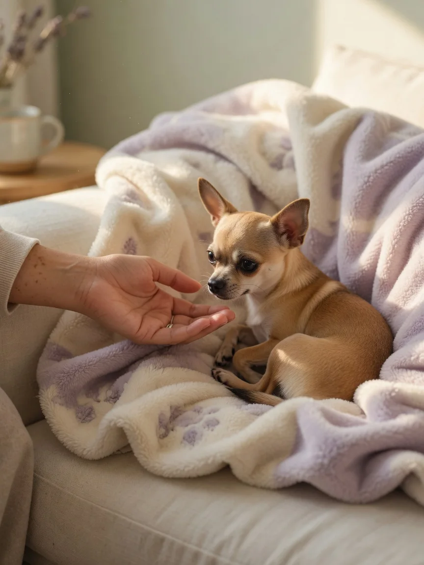 A gentle person offering a hand to a shy small chihuahua in a soft blanket