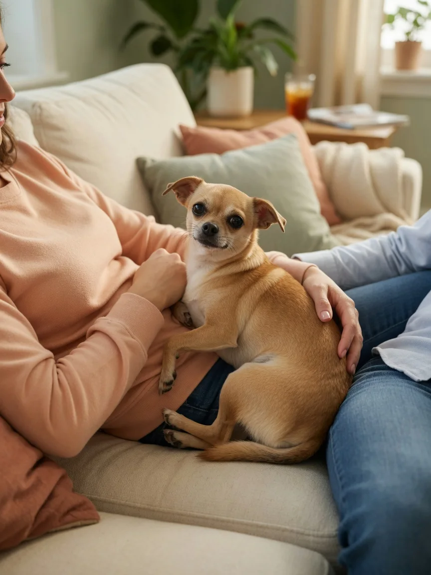 A small tan chihuahua wedging between two people on a sofa