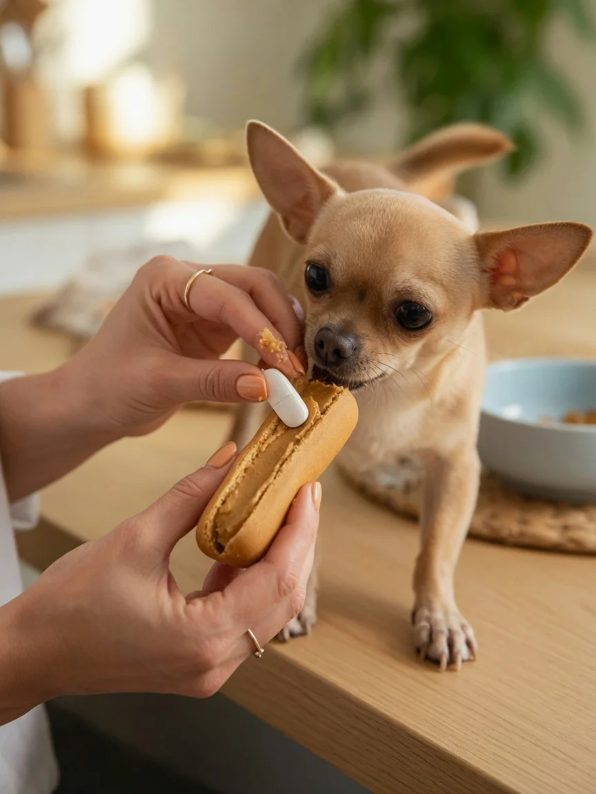 A person hiding a pill in a treat for a small tan chihuahua