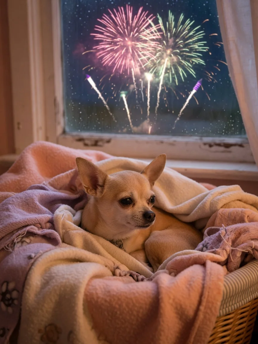 A small tan chihuahua in a blanket den while fireworks glow outside a window