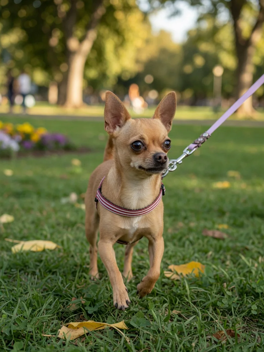 A small tan chihuahua on a leash walk in a park