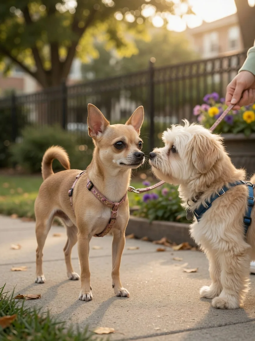 A small tan chihuahua politely meeting another small dog on a walk