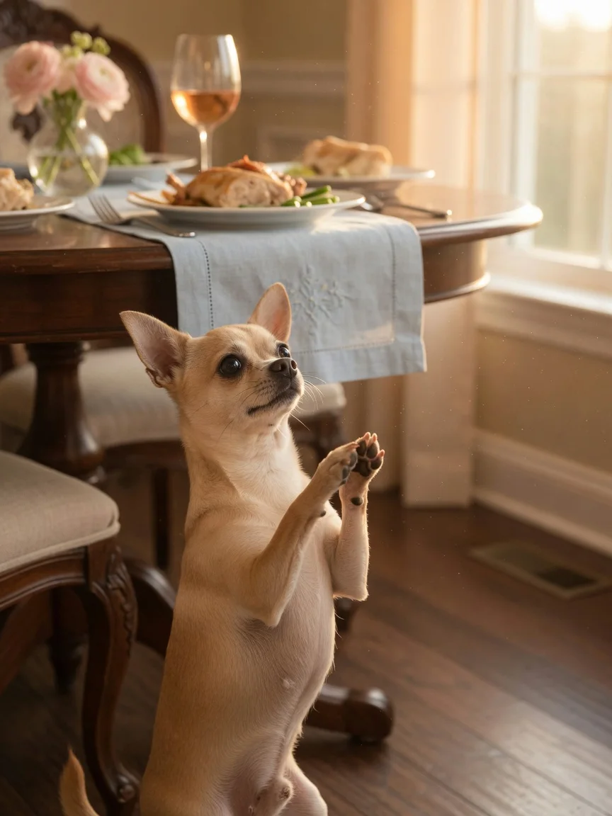 A small tan chihuahua begging beside a dinner table
