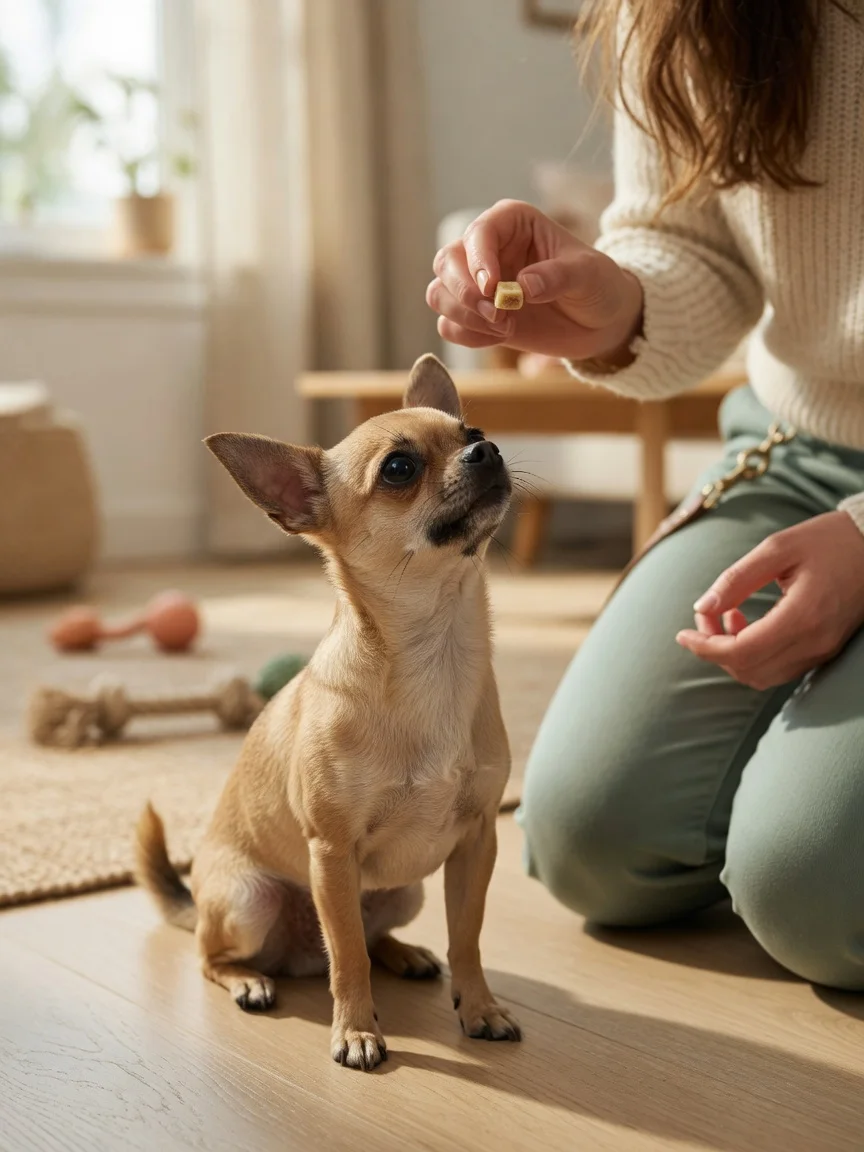 A small tan chihuahua attentively learning from a person kneeling with a treat