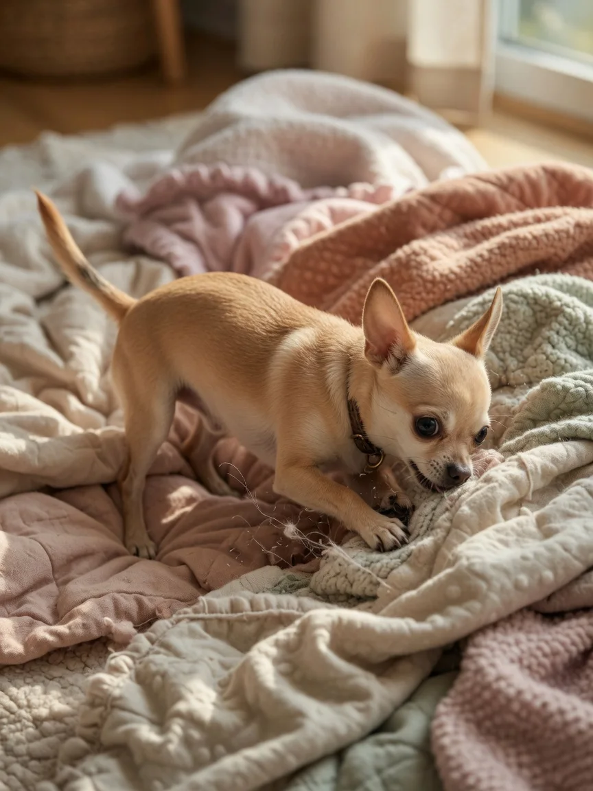 A small tan chihuahua digging into a pile of blankets