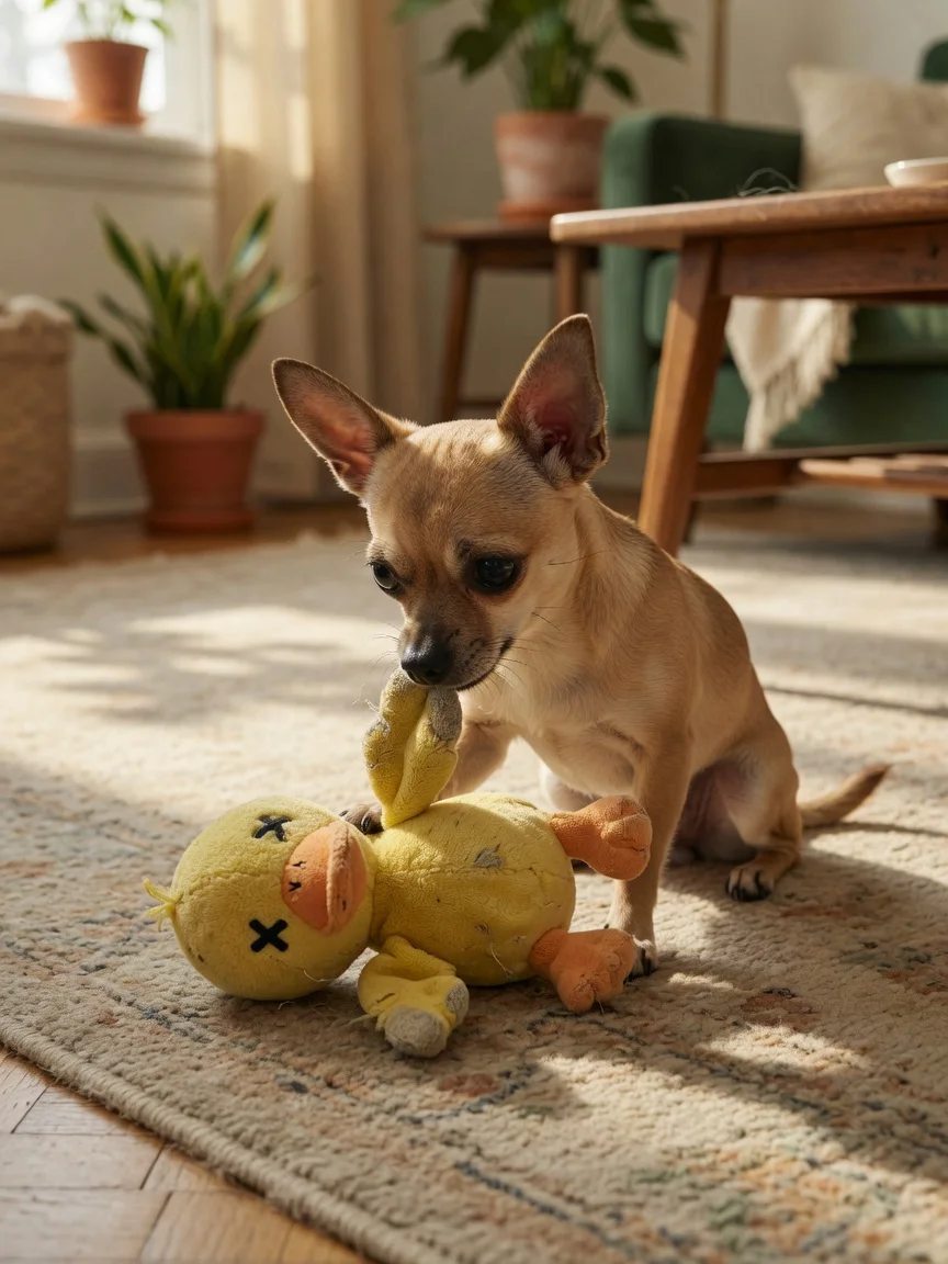 A small tan chihuahua with a stuffed toy on a living room floor
