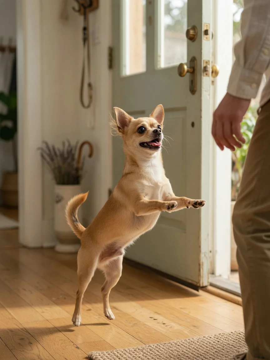 A small tan chihuahua jumping up toward a visitor at the door