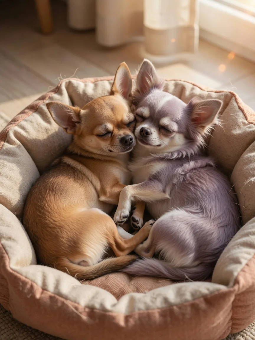 Two chihuahuas curled up together in one bed