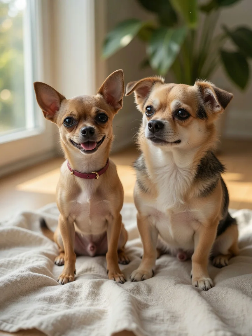 Two small friendly dogs side by side showing different builds