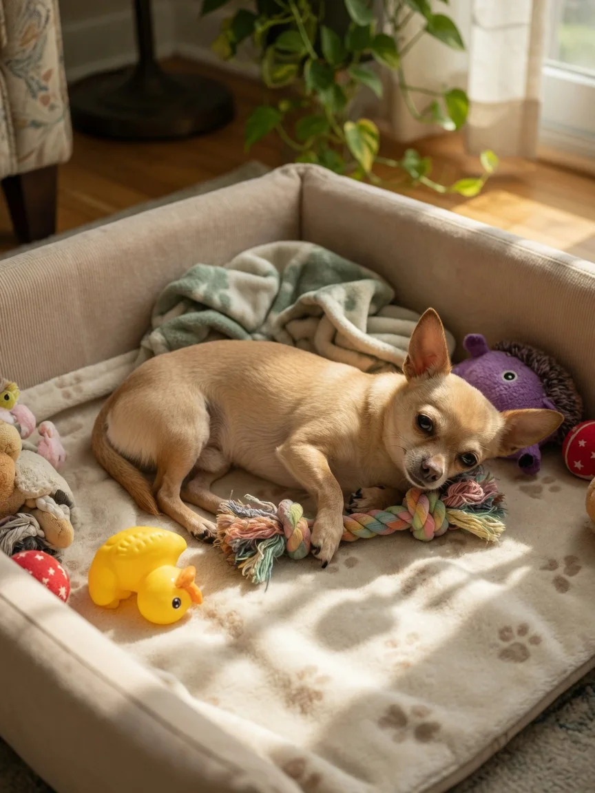 A small tan chihuahua relaxing in a cozy pen with toys while home alone