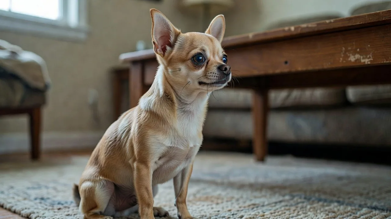 a Chihuahua sitting on a rug, ears forward, watching something out of frame with alert attention