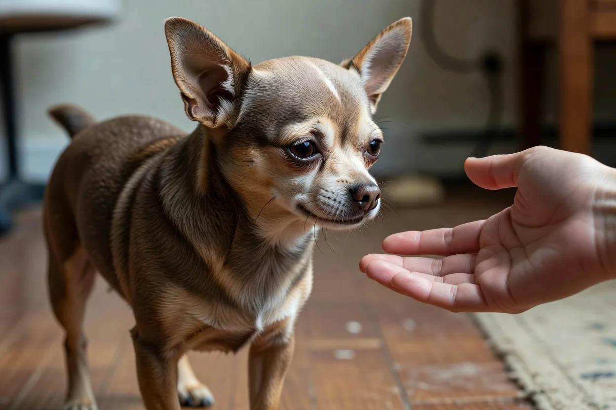 a Chihuahua turning its head away from an outstretched hand, showing a calm avoidance signal