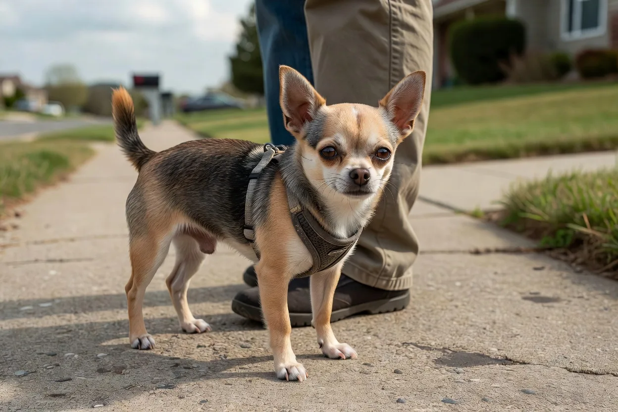 a Chihuahua on a fitted harness standing close to its owner's leg on a suburban pavement in daylight