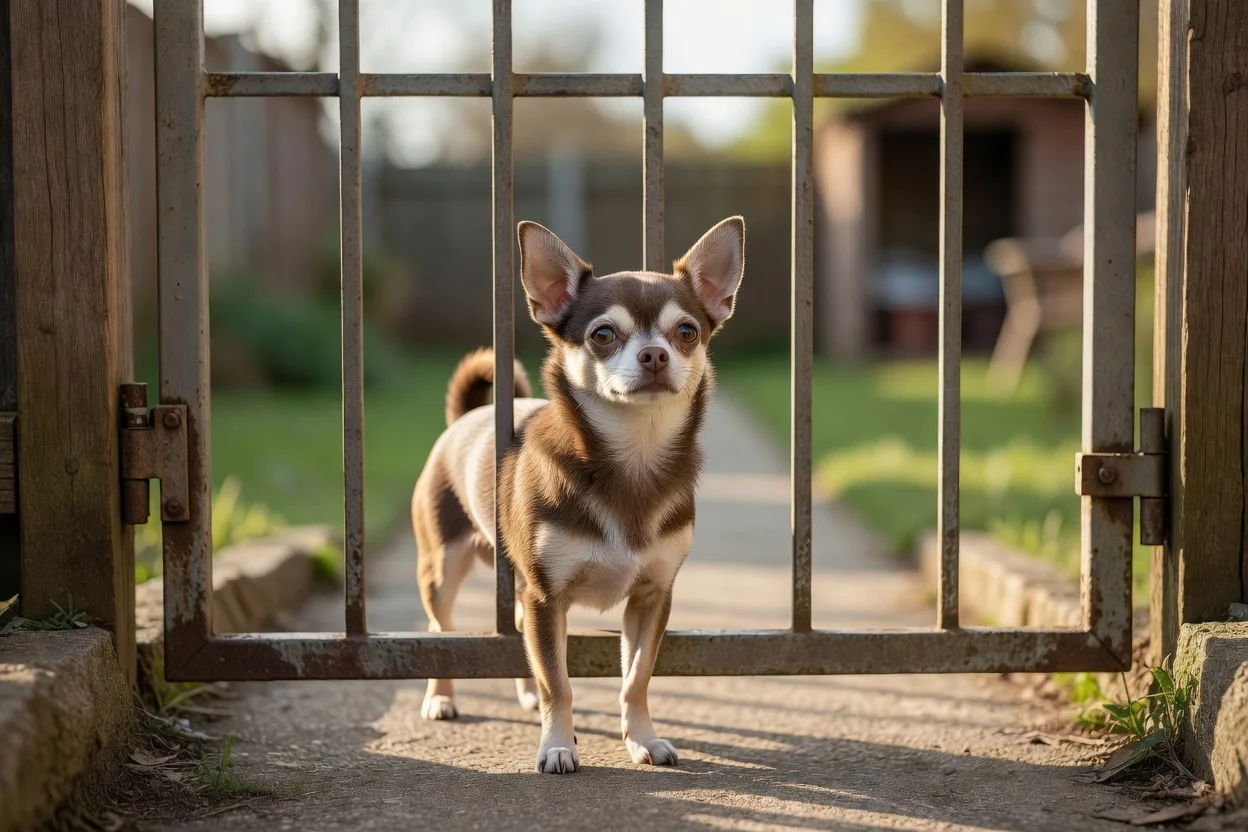 a Chihuahua behind a closed garden gate looking out, secure and calm