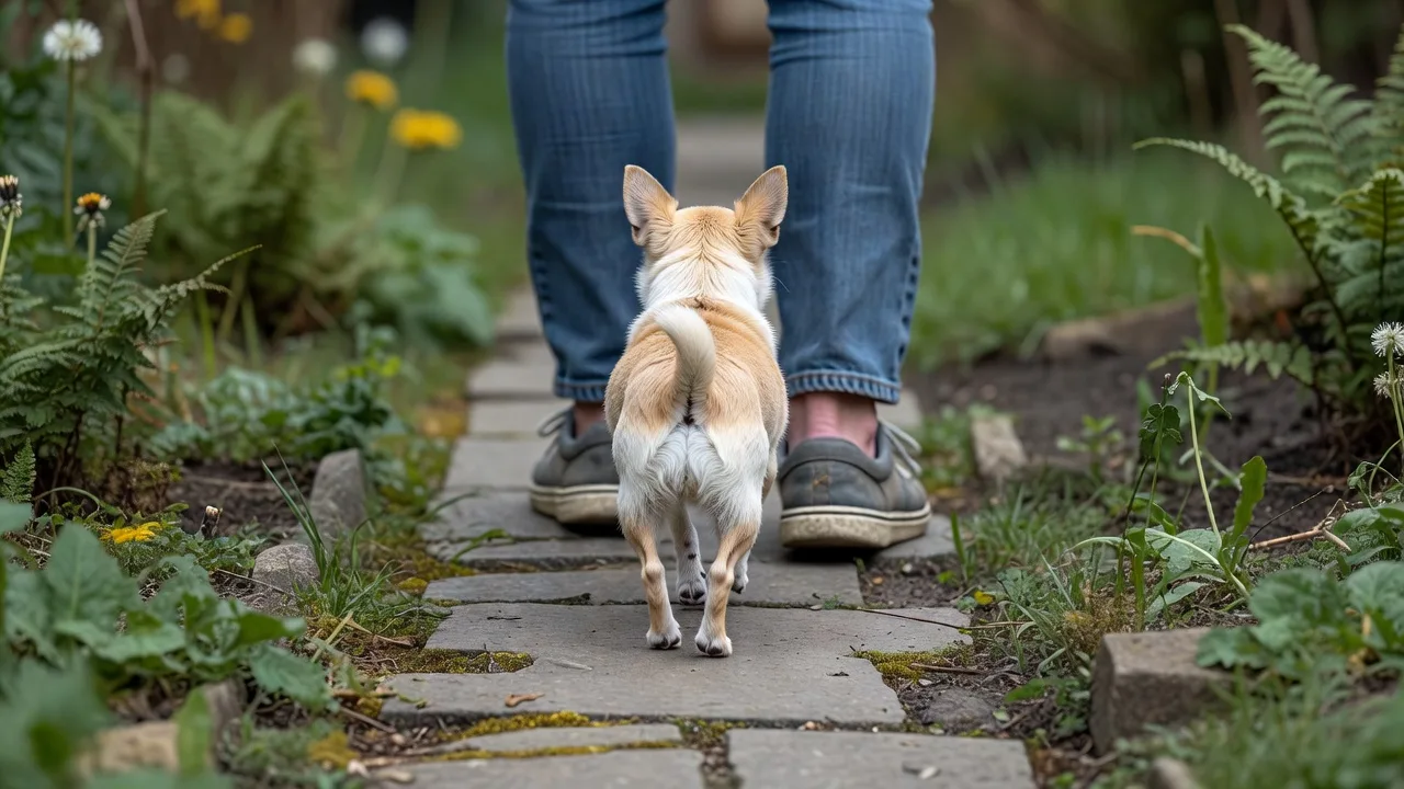 a Chihuahua walking beside an owner's feet on a garden path, seen from behind