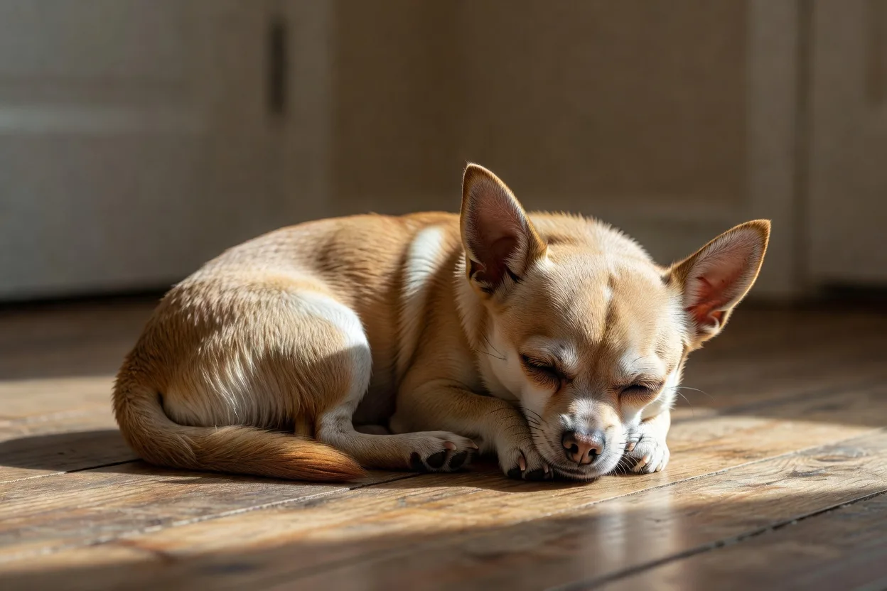 a Chihuahua asleep in a patch of afternoon light on a wooden floor
